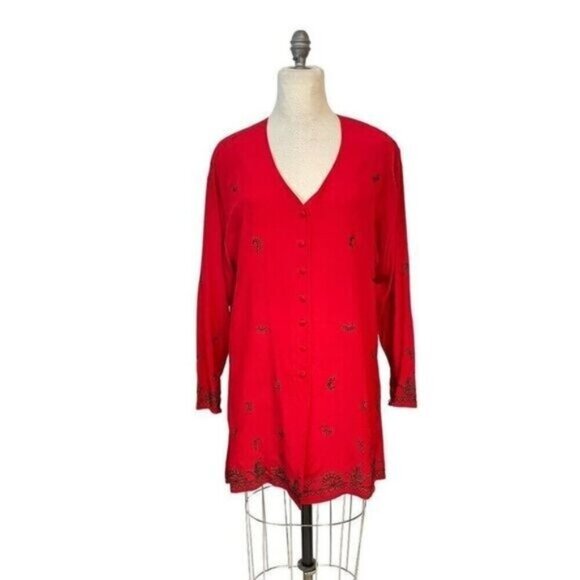 Diane von Furstenberg Vintage 1980's Red embroidered Blouse Medium - Picture 1 of 4